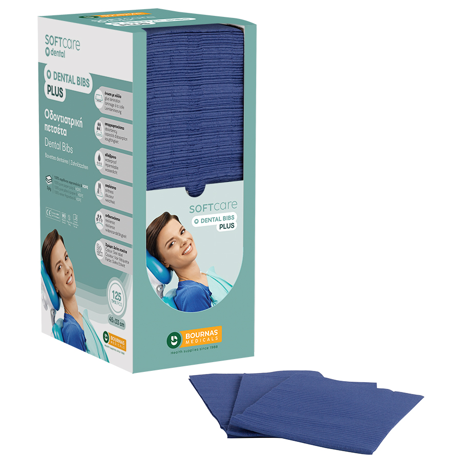 Dental Bibs Soft Care Plus 3ply with dispenser blue (4 x 125 pcs)