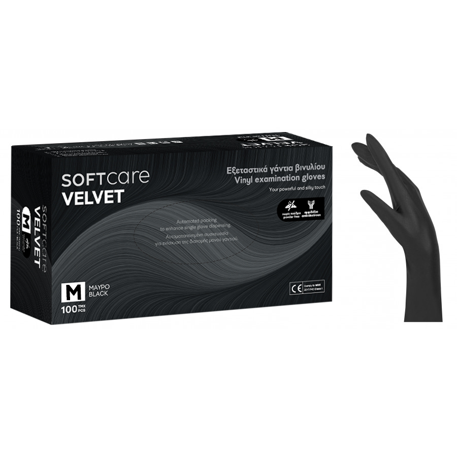 Soft Care VELVET Vinyl Gloves powder free – Black (100pcs)