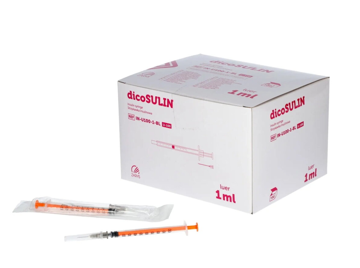 Insulin syringe + needle, dicoSULIN, 1 ml, pack of 100