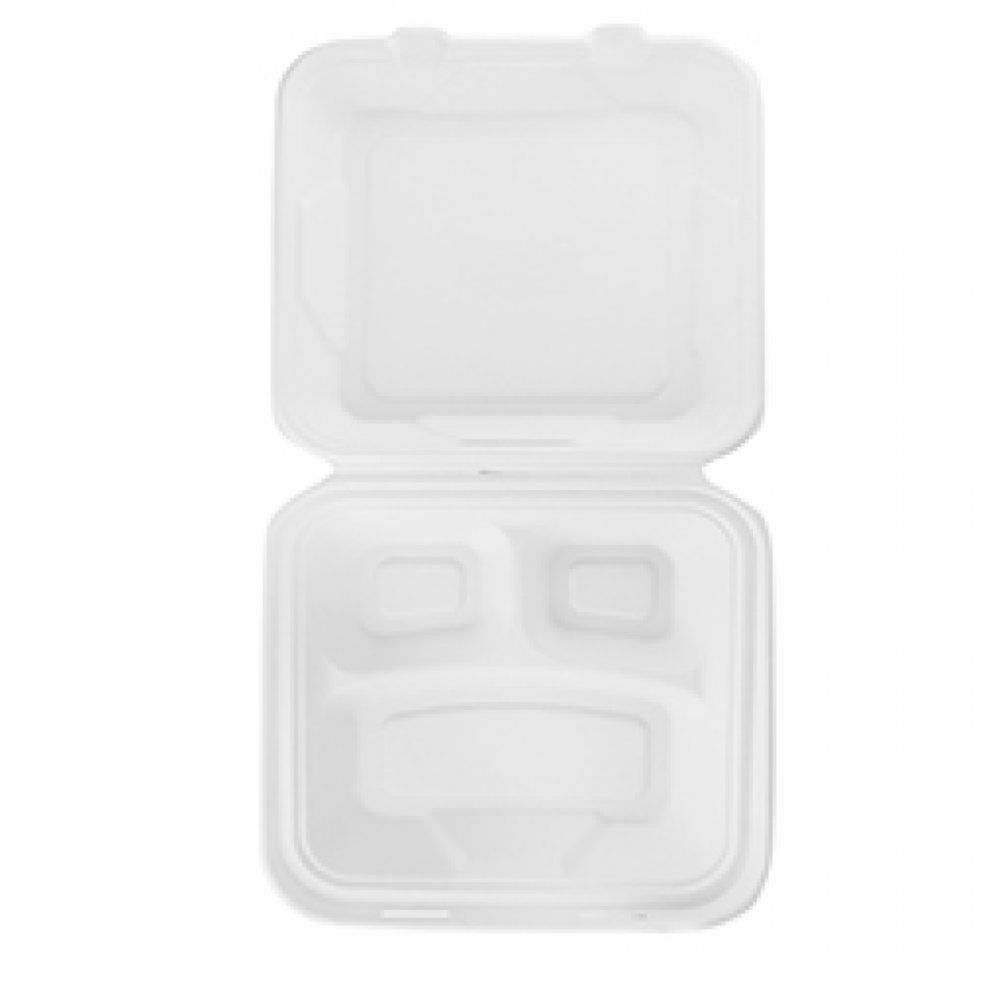 Bagasse 3-comp lunch box, 235 x 235 mm, 50 pcs per pack